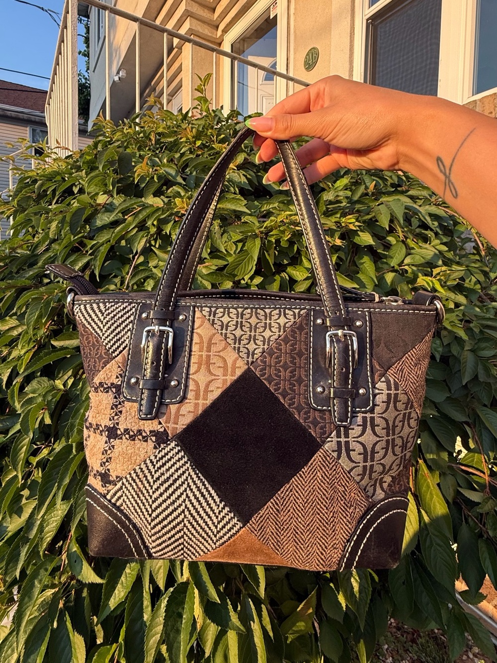 Fossil Patchwork Satchel Brown Suede Tweed Fabric Leather Shoulder Bag